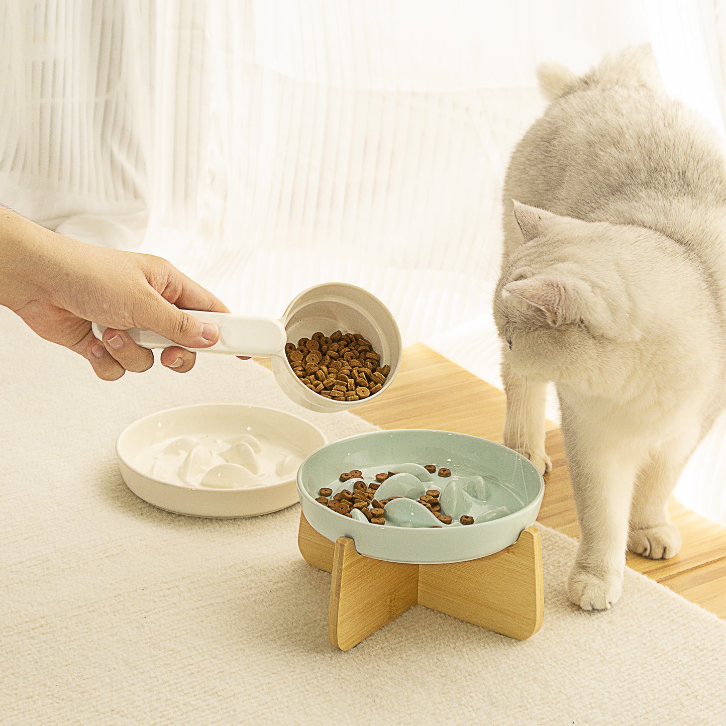 PAWIPALI White Slow Feeder Cat Bowl Ceramic with Stand - PAWIPALI